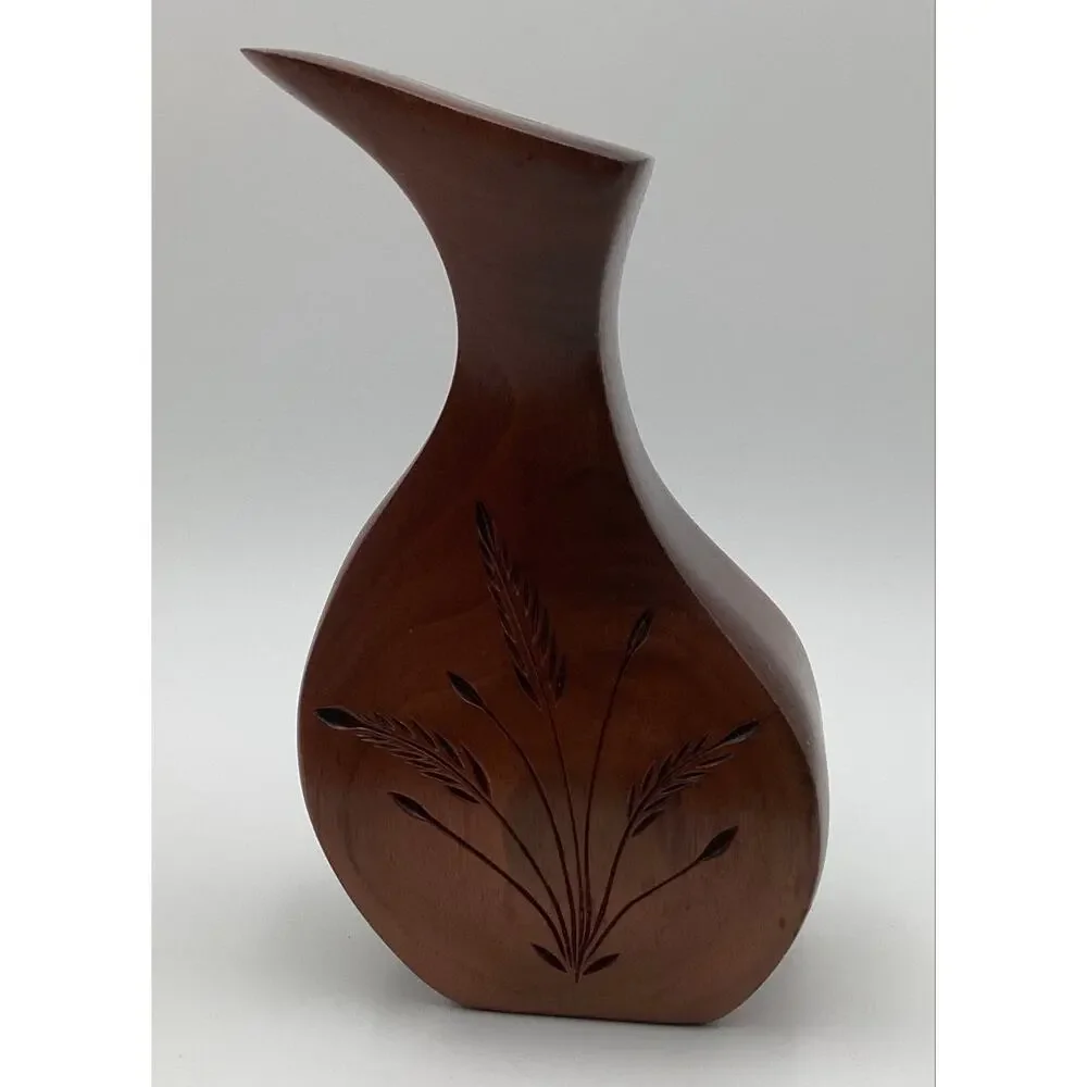 Vintage MCM Wooden Weed Pot Bud Vase Handcrafted Carved Wheat motif